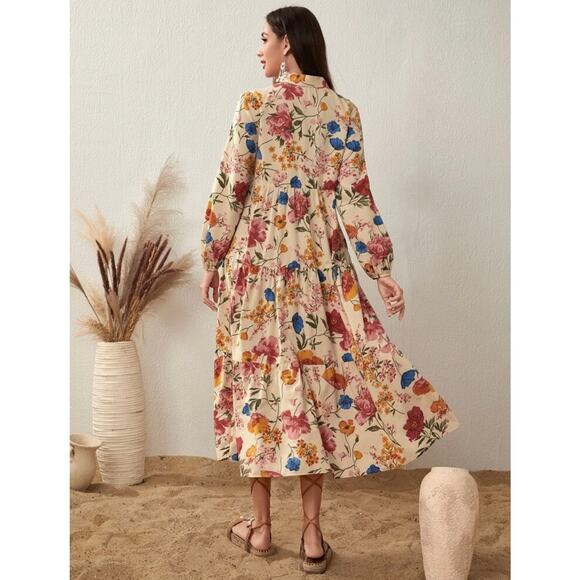 Shein Boho Collar Button Front Ruffle Hem Flounce Floral Maxi Dress XS - Picture 8 of 8